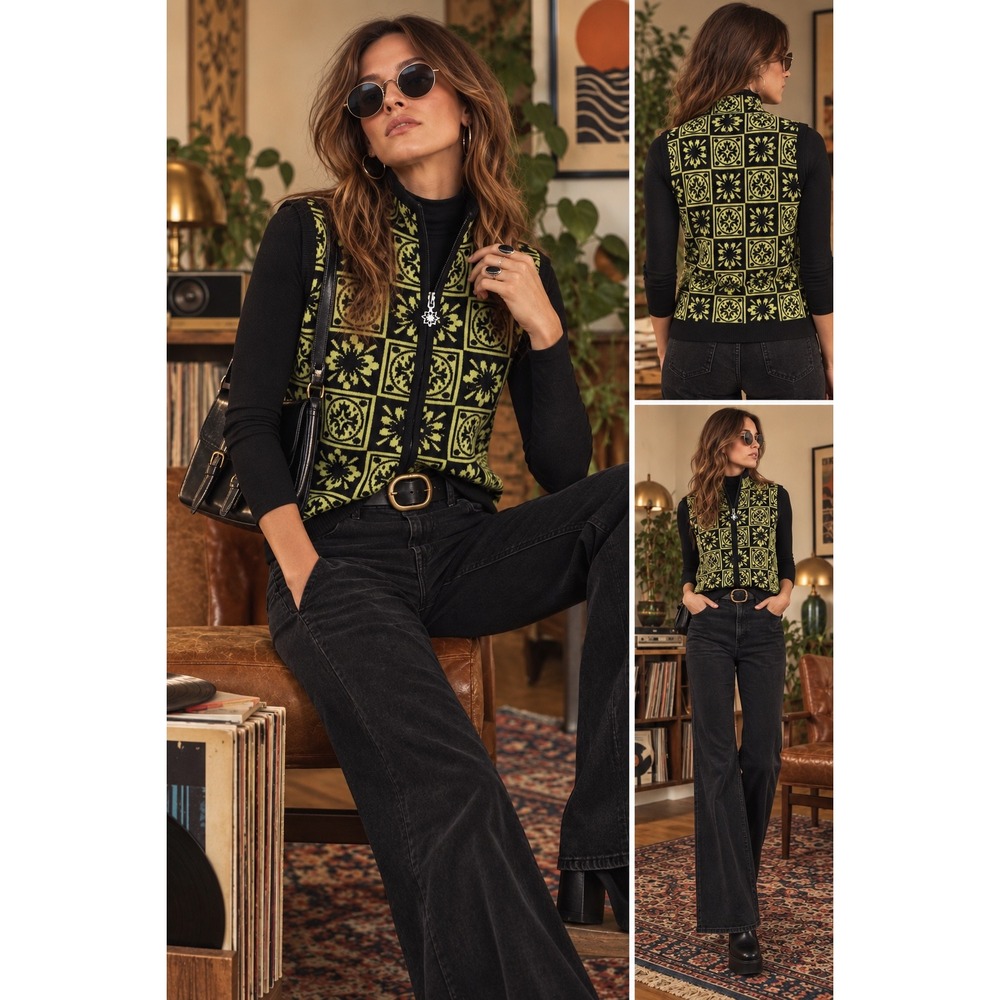 Vintage Y2K Christopher & Banks Women Black Green Floral Jacquard Vest M 2000s